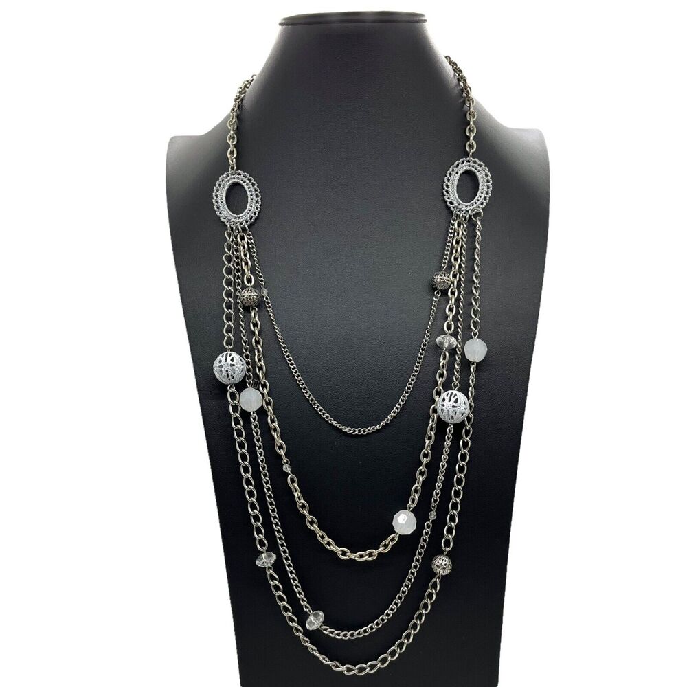 Romantic Layered Necklace Silver Tone White Shabby Retro Age Funky Victorian 90s